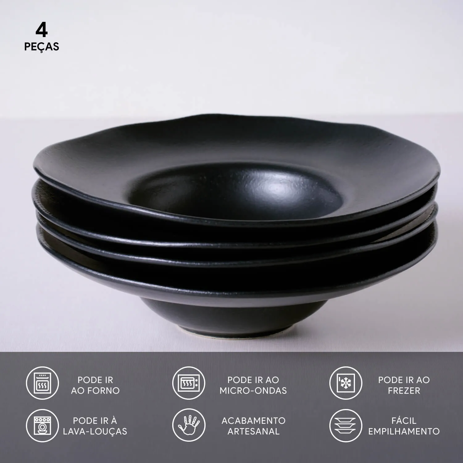 Conjunto com 4 Pratos de Massa Orgânico Preto Matte Ø28x6,5cm 450ml