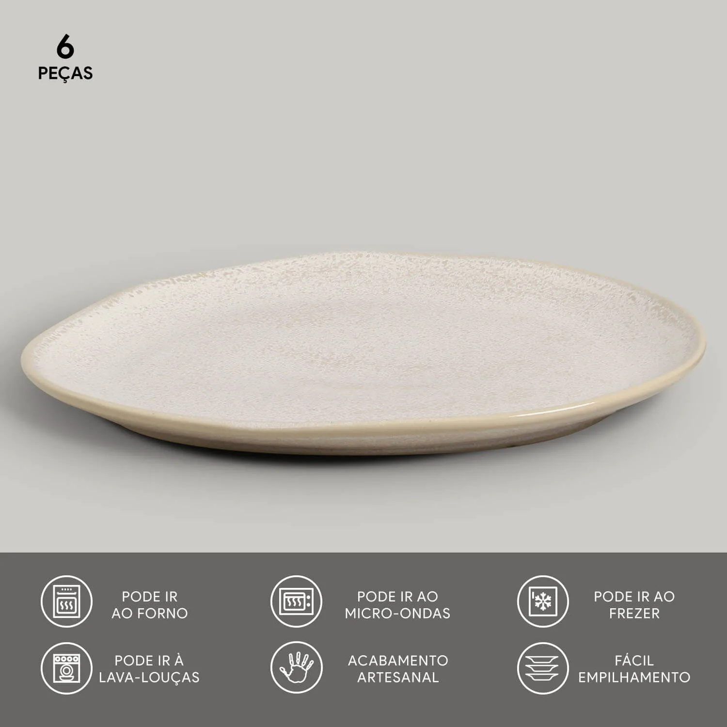 Conjunto com 6 Pratos Raso Oval Orgânico Latte 31x24x2,5cm
