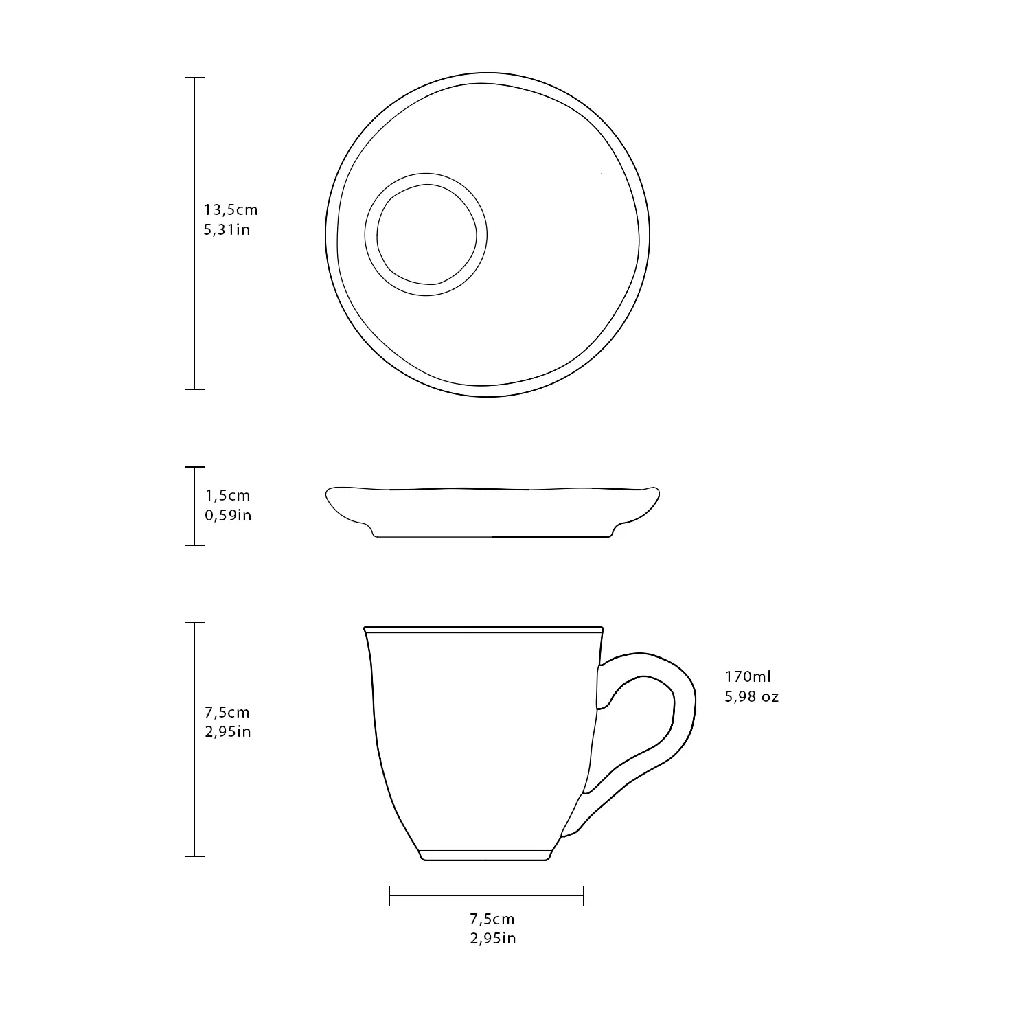 Conjunto com 6 Xícaras De Chá com 6 Pires Descentralizado Latte 170ml