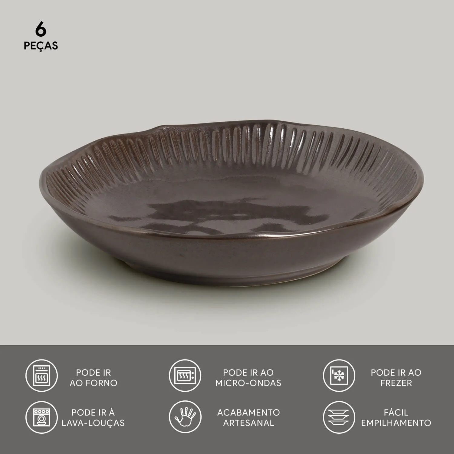 Conjunto com 6 Pratos Fundo Linhas Metallica Ø22,5cm 830ml