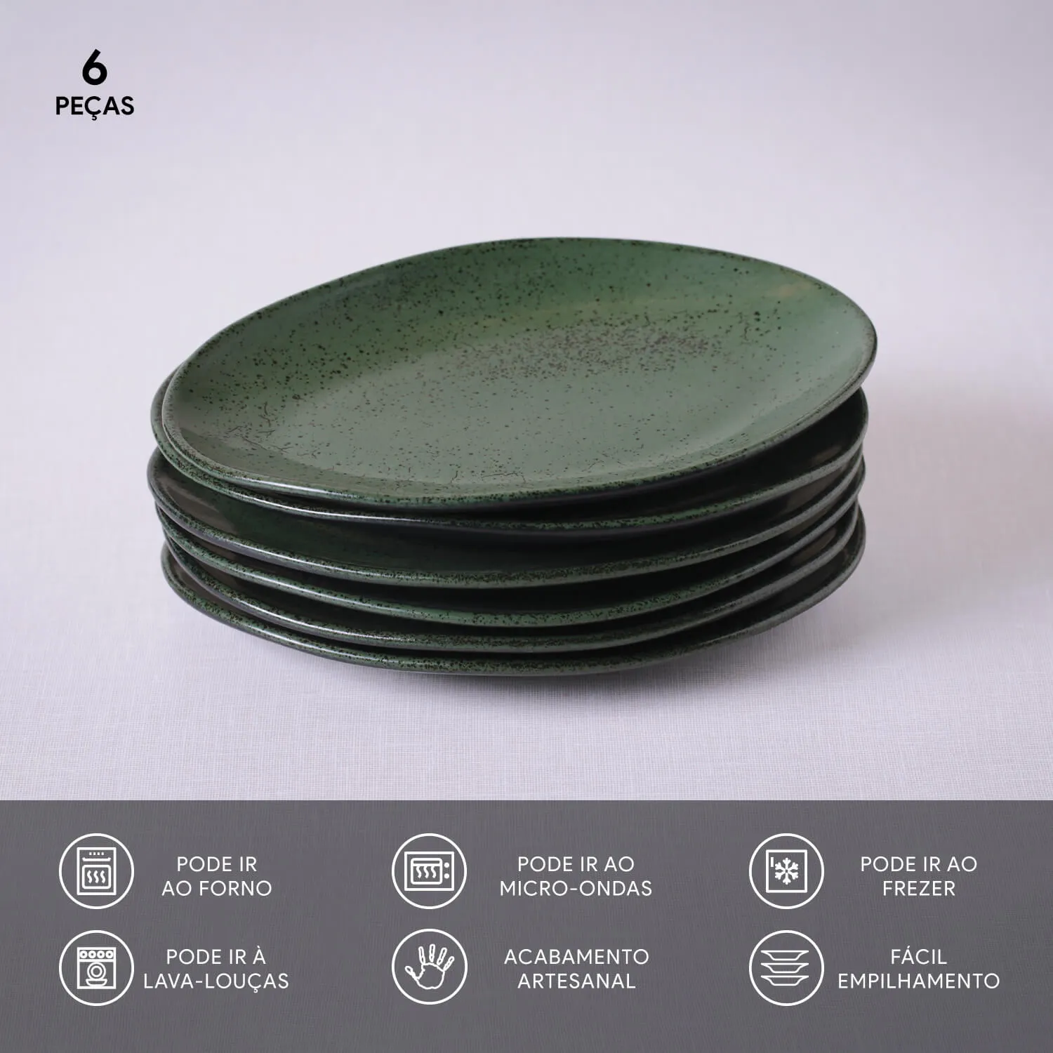 Conjunto com 6 Pratos de Sobremesa Oval Orgânico Greenery 22,5x16,5x2,5cm