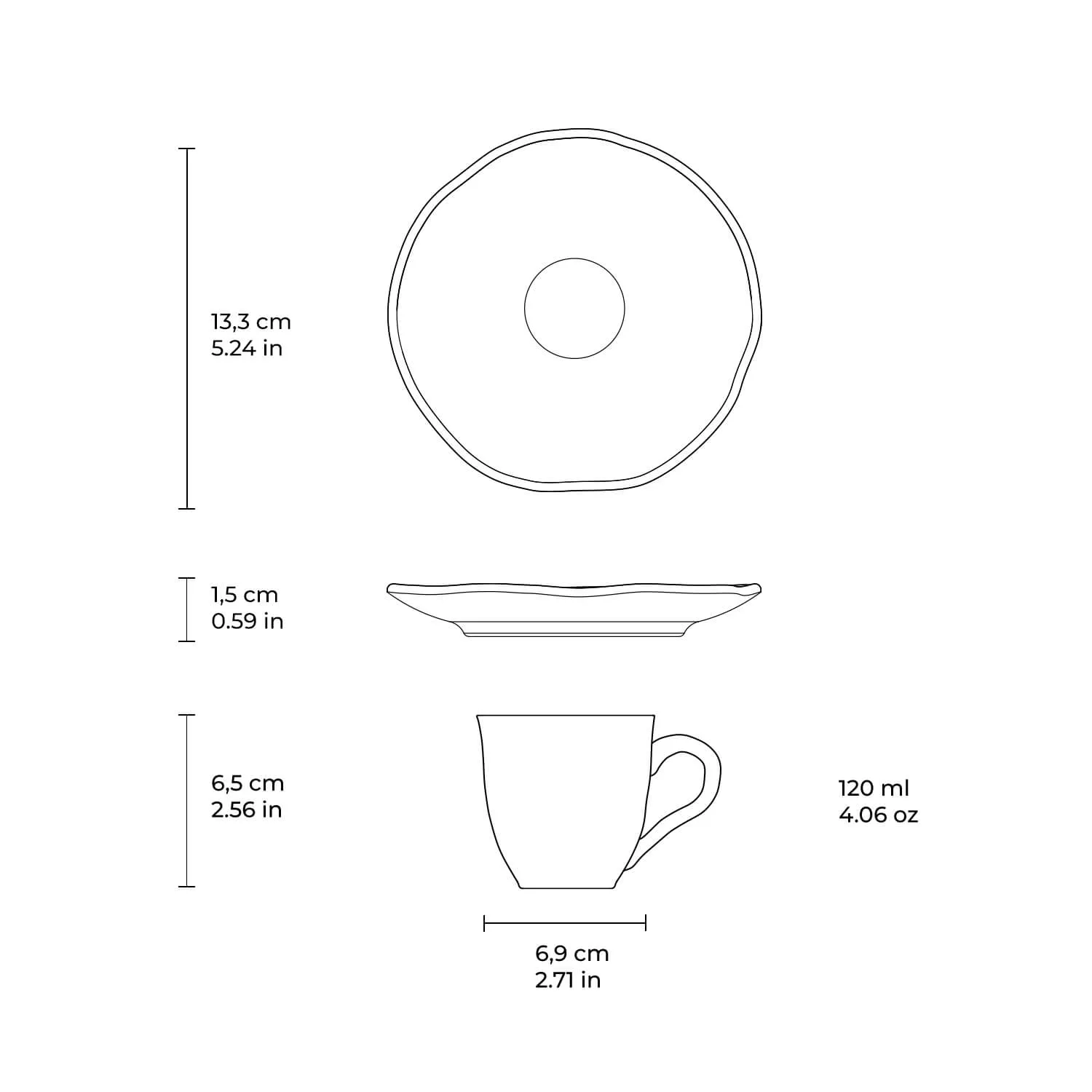 Conjunto com 6 Xícaras de Café com Pires Orgânico Amana 120ml