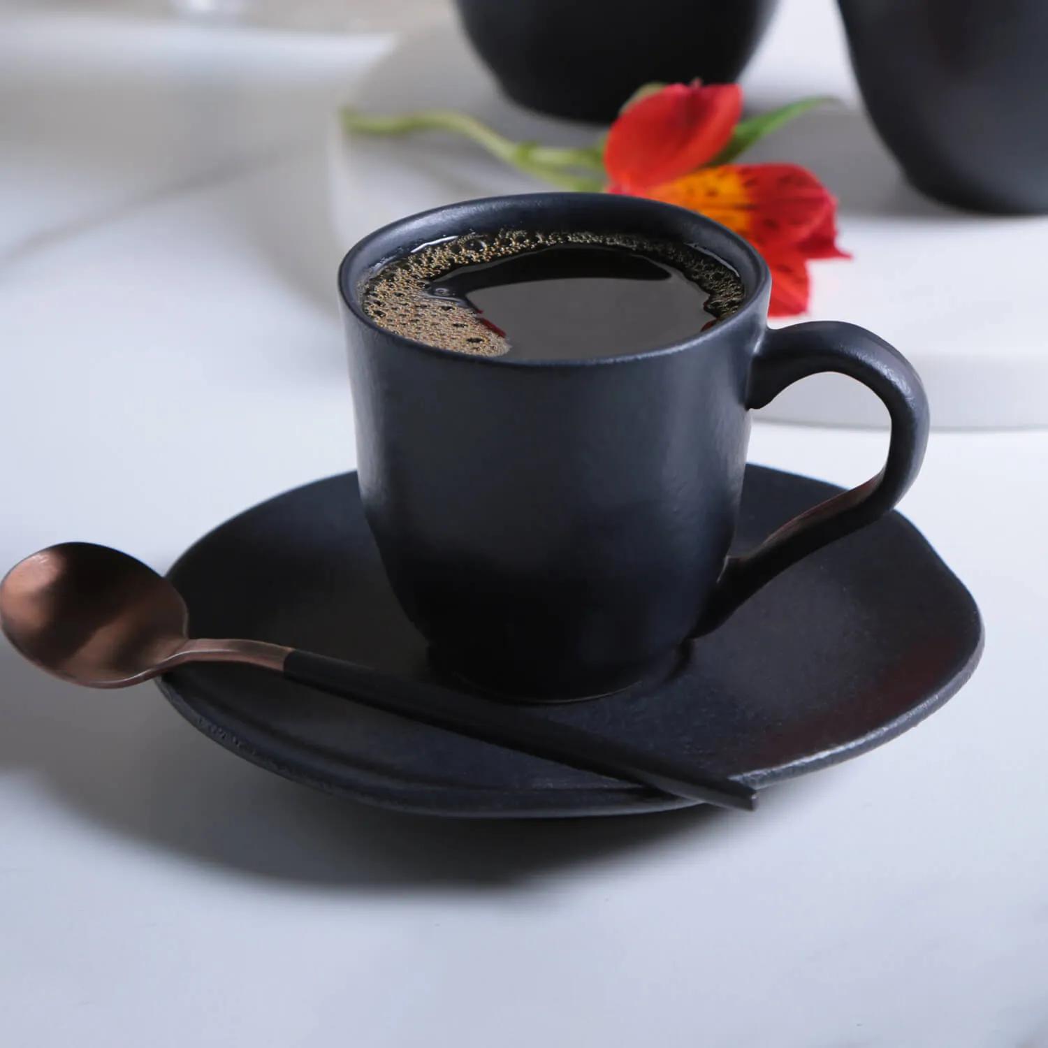 Conjunto com 6 Xícaras de Café com Pires Orgânico Preto Matte 120ml