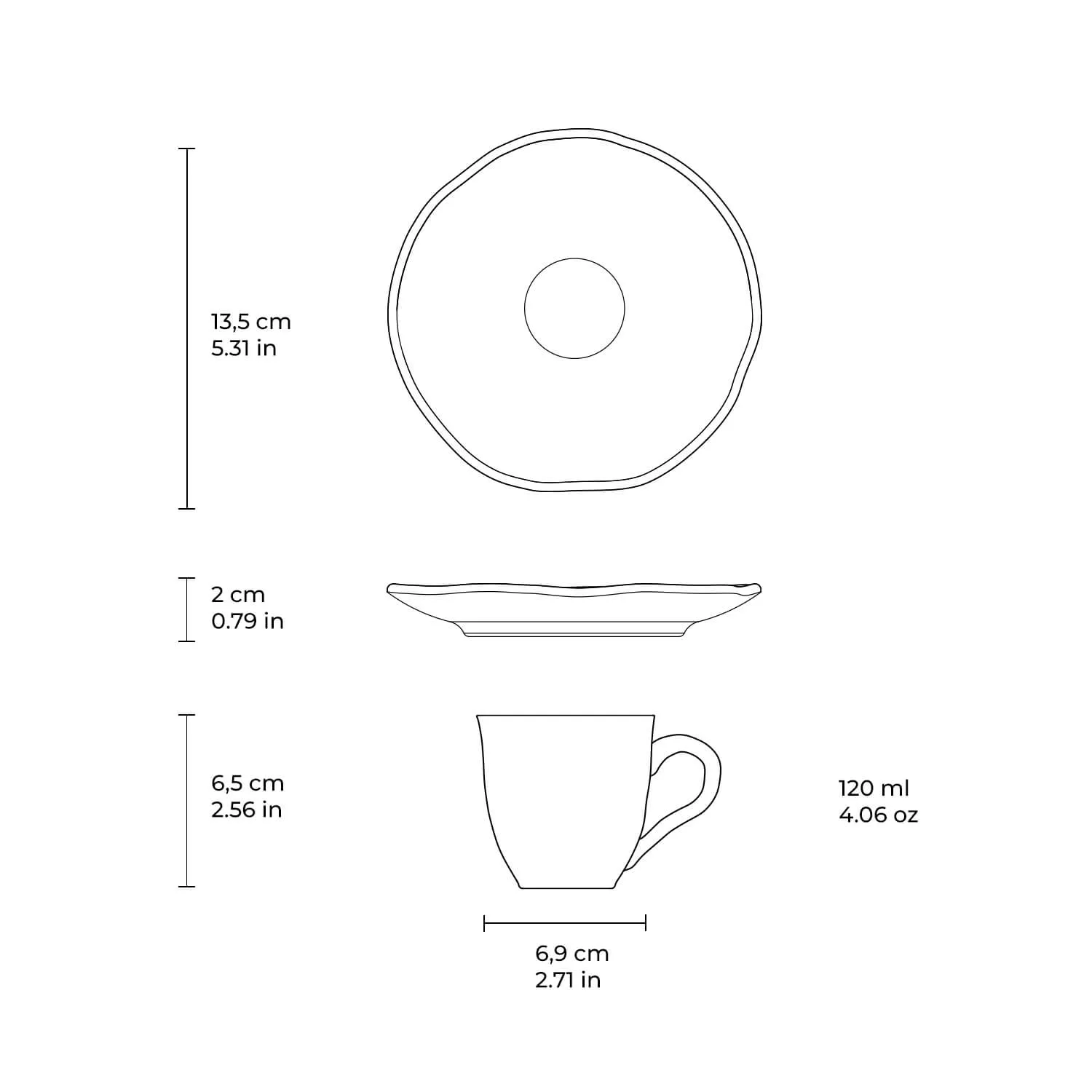 Conjunto com 6 Xícaras de Café com Pires Orgânico Preto Matte 120ml