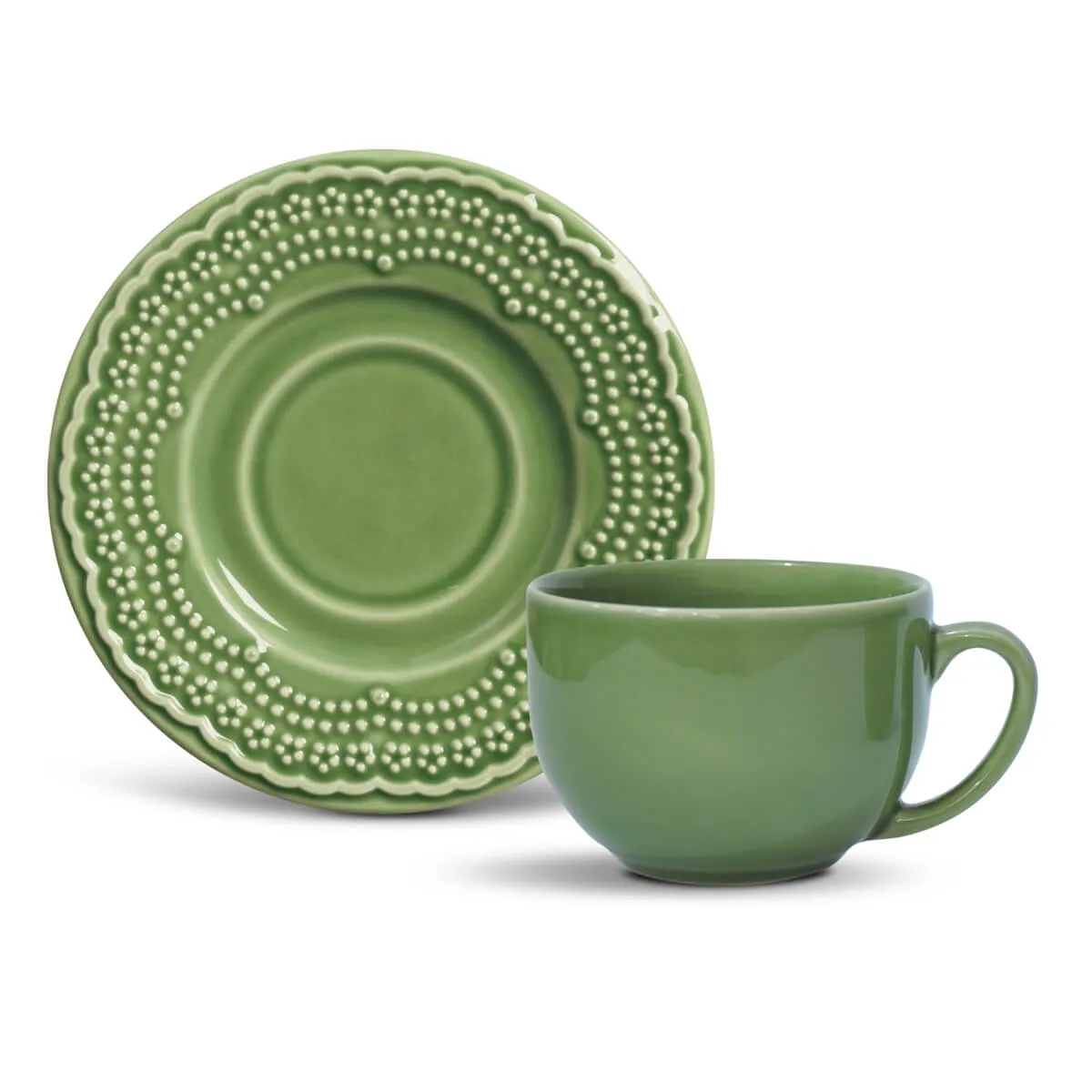 Conjunto com 6 Xícaras de Chá com 6 Pires Madeleine Verde Sálvia 161ml