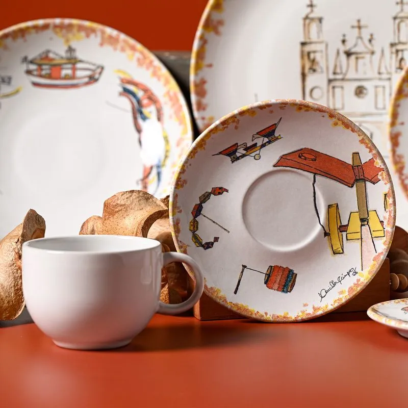 Conjunto com 6 Xícaras de Chá com Pires Coup Stoneware Procissão de Fé 220ml