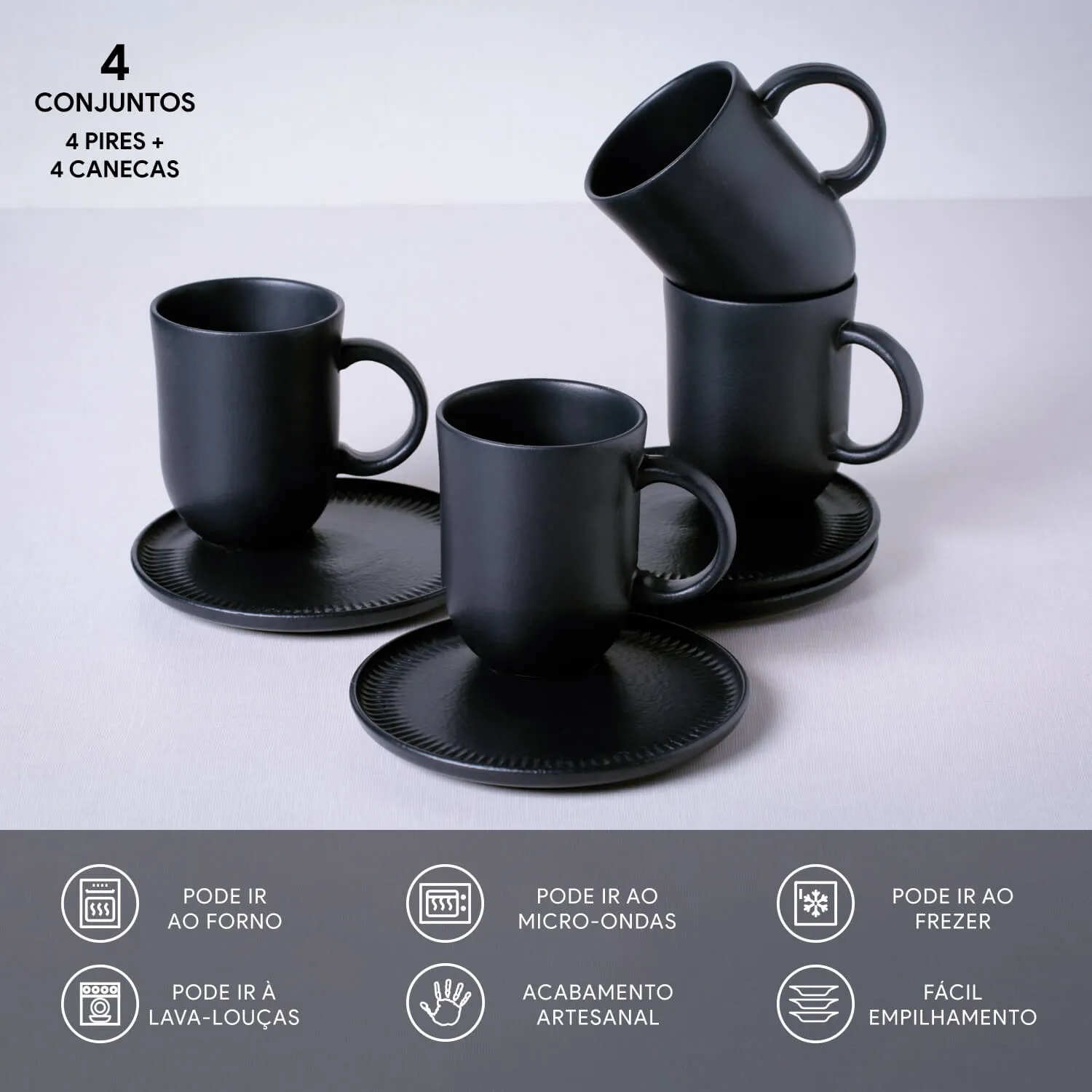 Kit Canecas Coup Stoneware com Pires Preto Matte 330ML