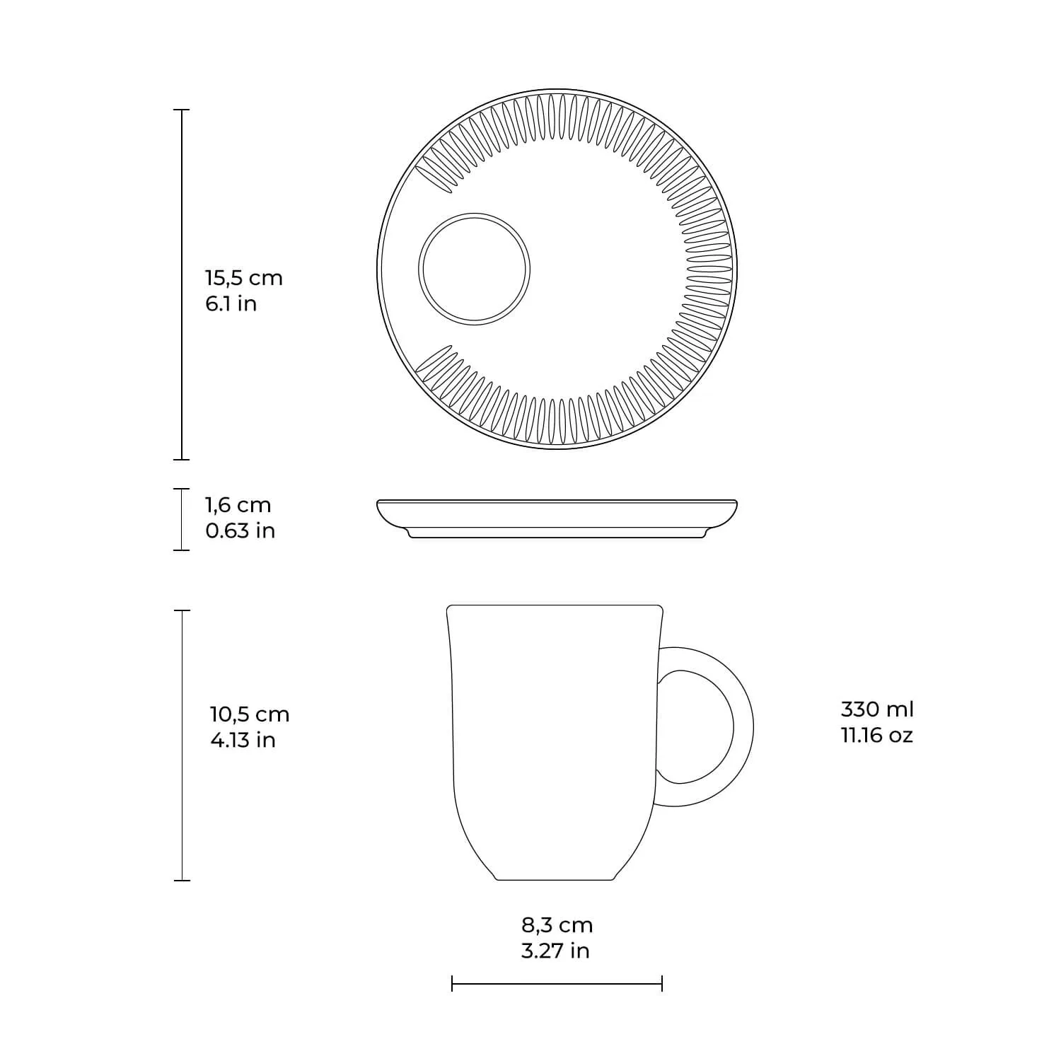 Kit Canecas Coup Stoneware com Pires Preto Matte 330ML